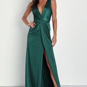 Lulus Perfect Refinement Emerald Satin Sleeveless Pleated Maxi Dress Green
